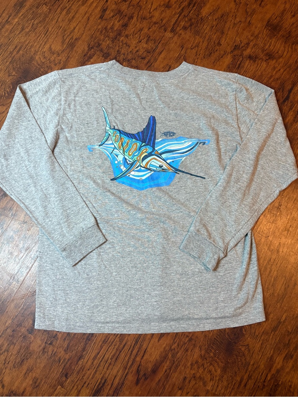 AFTCO Heather Gray Long Sleeve Tee with Blue Marlin Art